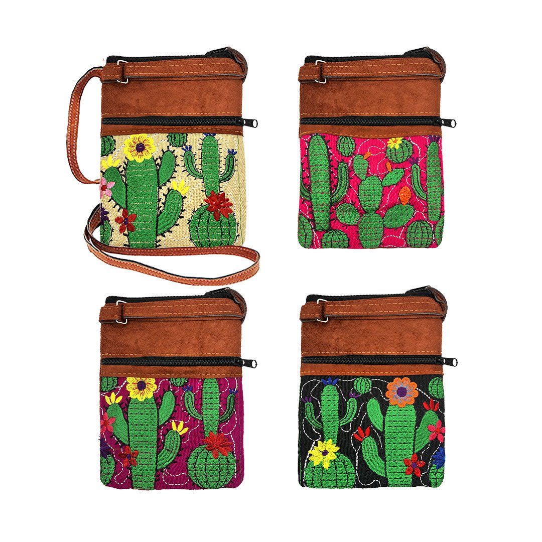 Small Embroidered Cactus Leather Crossbody Passport Bag