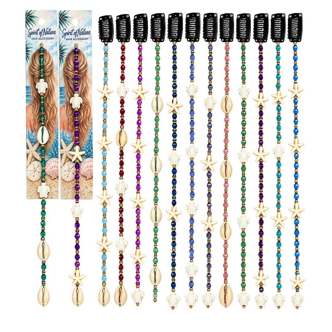 Short mini crystal beaded hair charms with colorful crystal beads, sea turtles, starfish, and seashell accents, handmade in Peru