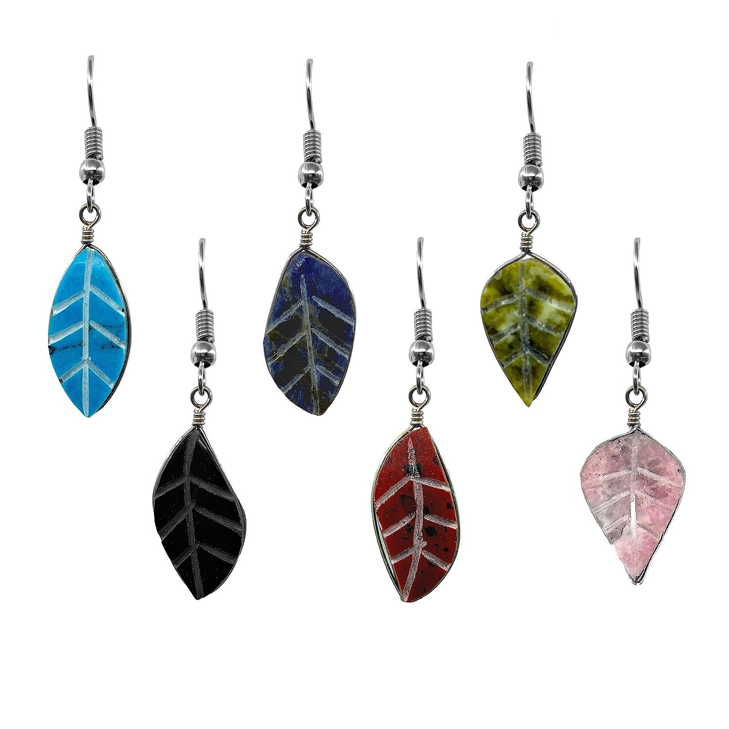 Handmade carved stone leaf earrings from Peru featuring detailed leaf designs in assorted stone colors with silver-tone hooks