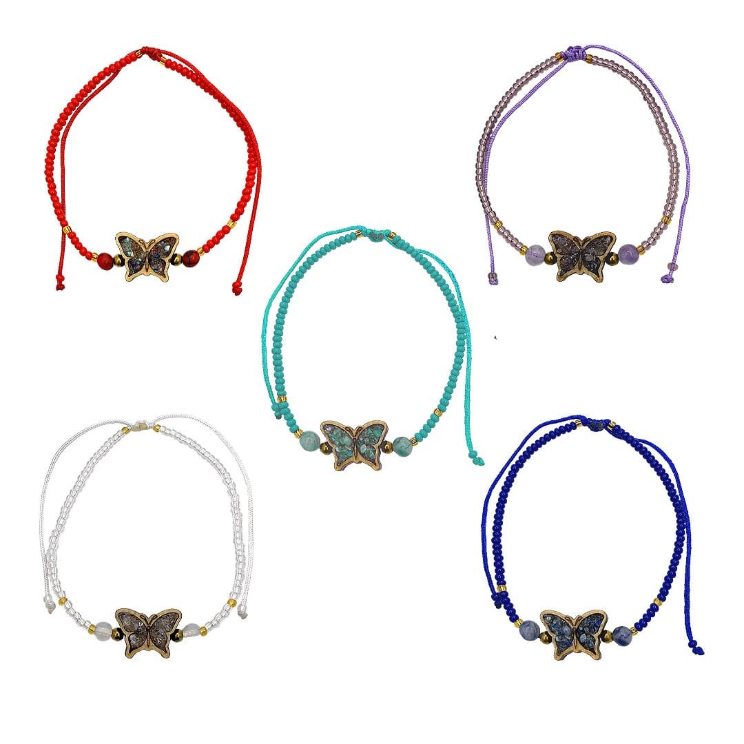Wooden Stone Butterfly Beaded Pull Tie Bracelet