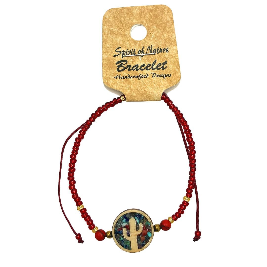 Wooden Cactus Stone Beaded Pull Tie Bracelet - Image 2