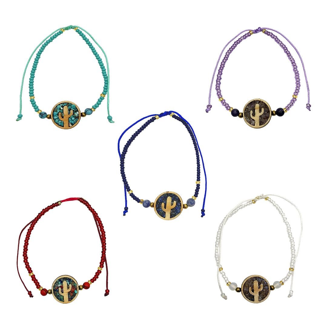 Wooden Cactus Stone Beaded Pull Tie Bracelet