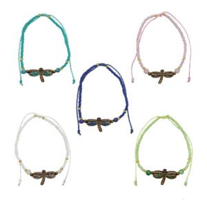 Wooden Stone Dragonfly Beaded Pull Tie Bracelet