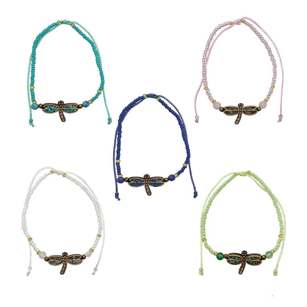 Wooden Stone Dragonfly Beaded Pull Tie Bracelet
