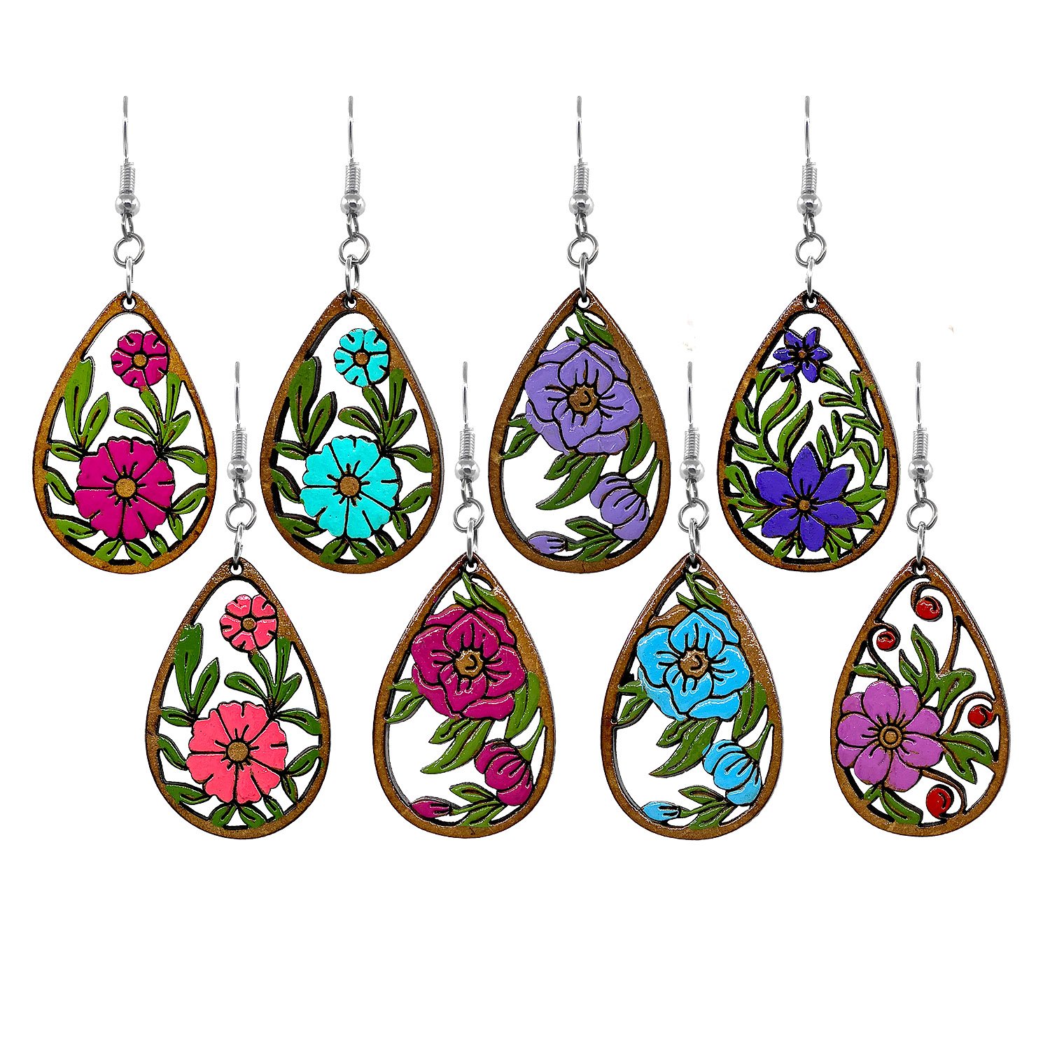 Large Wooden Teardrop Floral Earrings